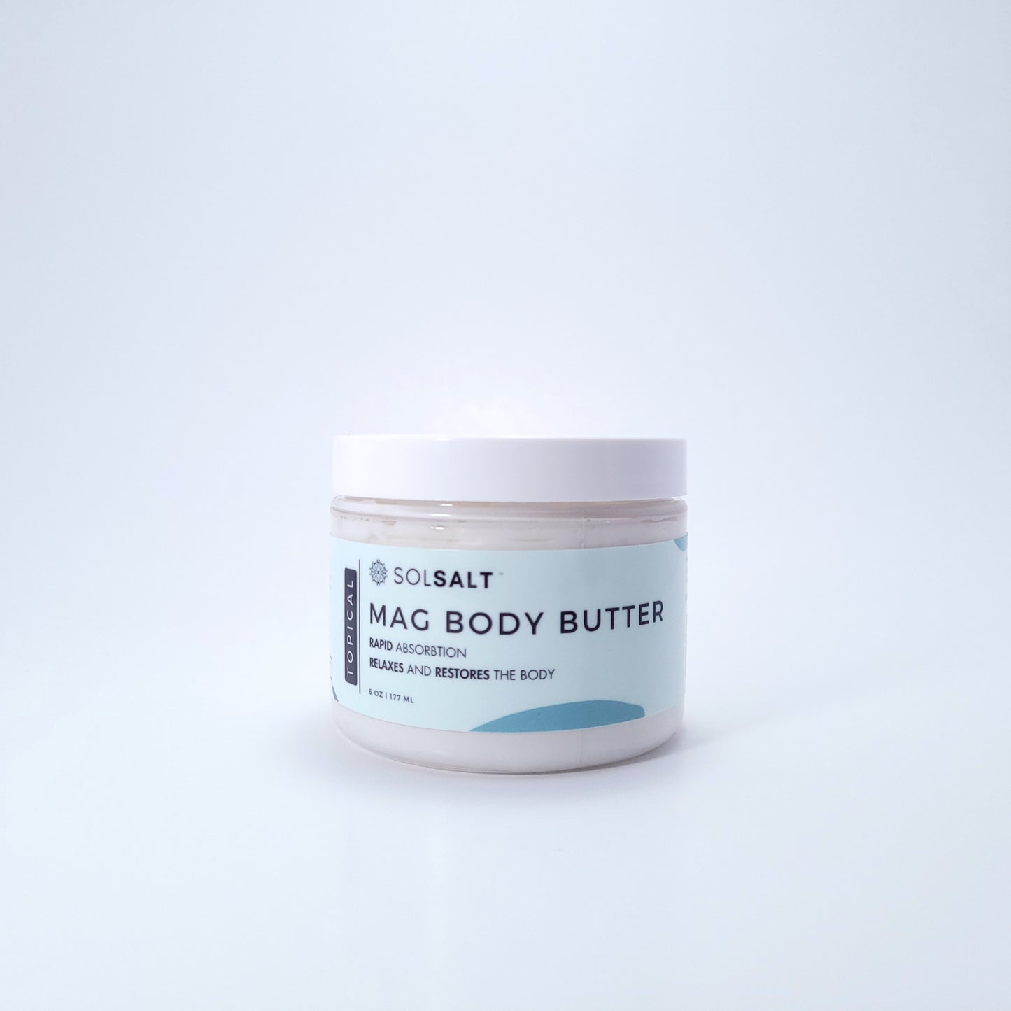 6 oz jar labeled 'SOL SALT' on a light gray background. Nourishing magnesium body butter for soft skin & muscle relief. Creamy, non-greasy.