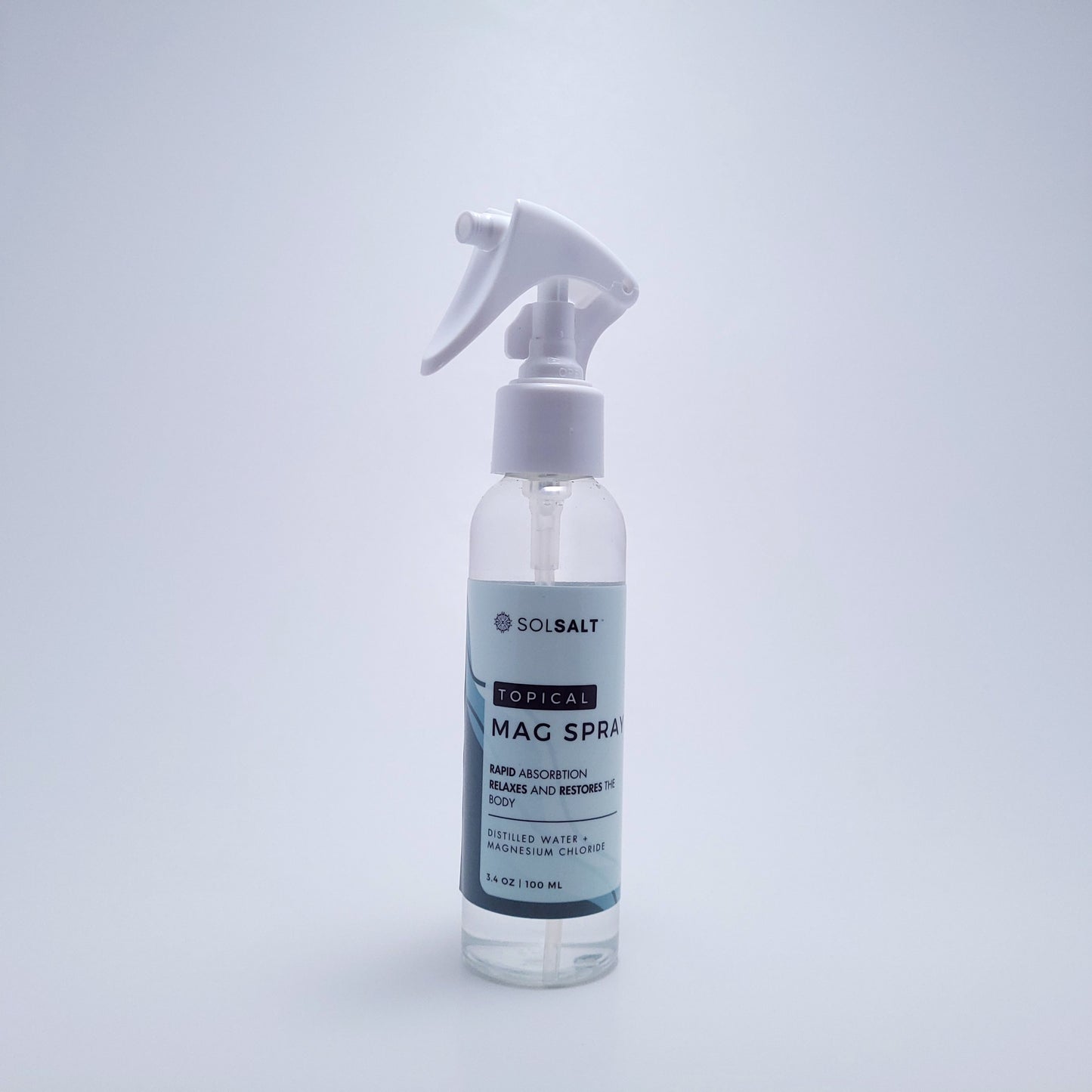 100mL Spray bottle labeled 'SOL SALT' on a light gray background. Rapid Absorption. Relaxes and Restores the body.