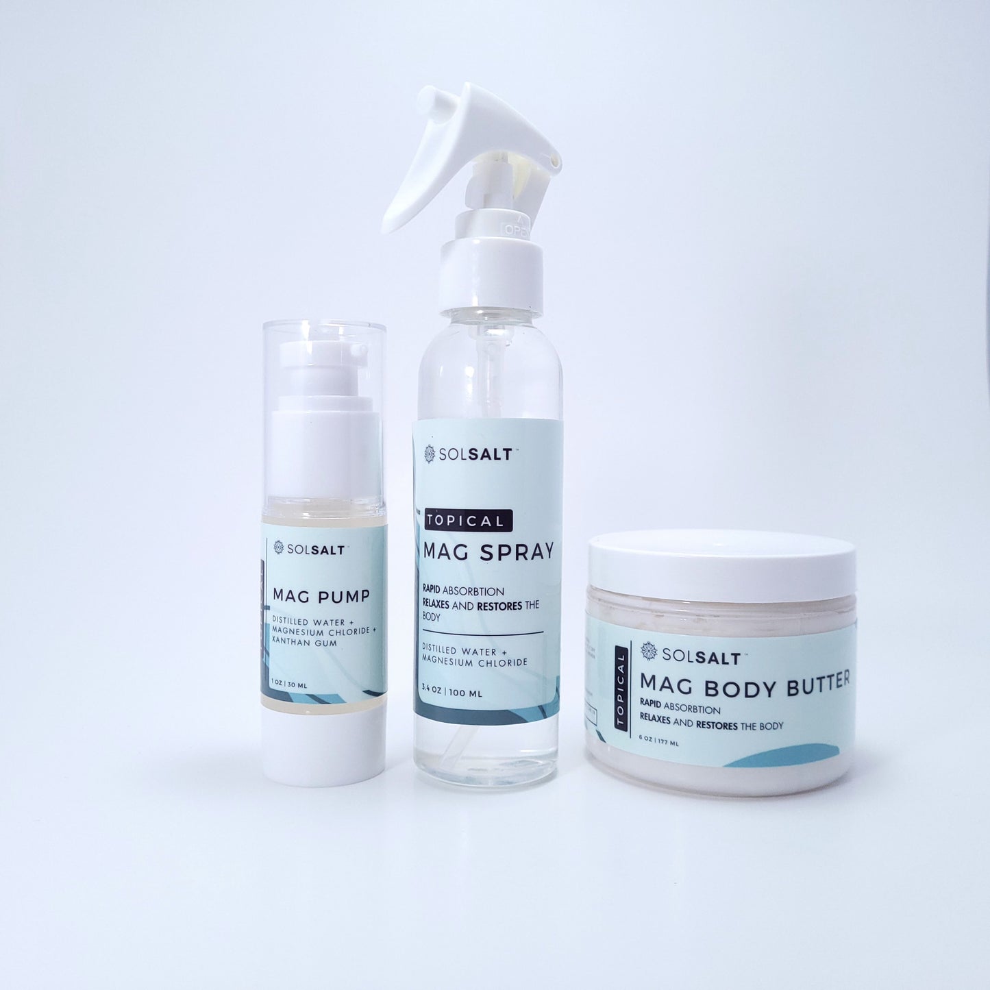 "SOL SALT" gel, spray, and body butter in front of a light gray background.
Ultimate magnesium trio: gel, spray & body butter for total body wellness. Complete relief system.
