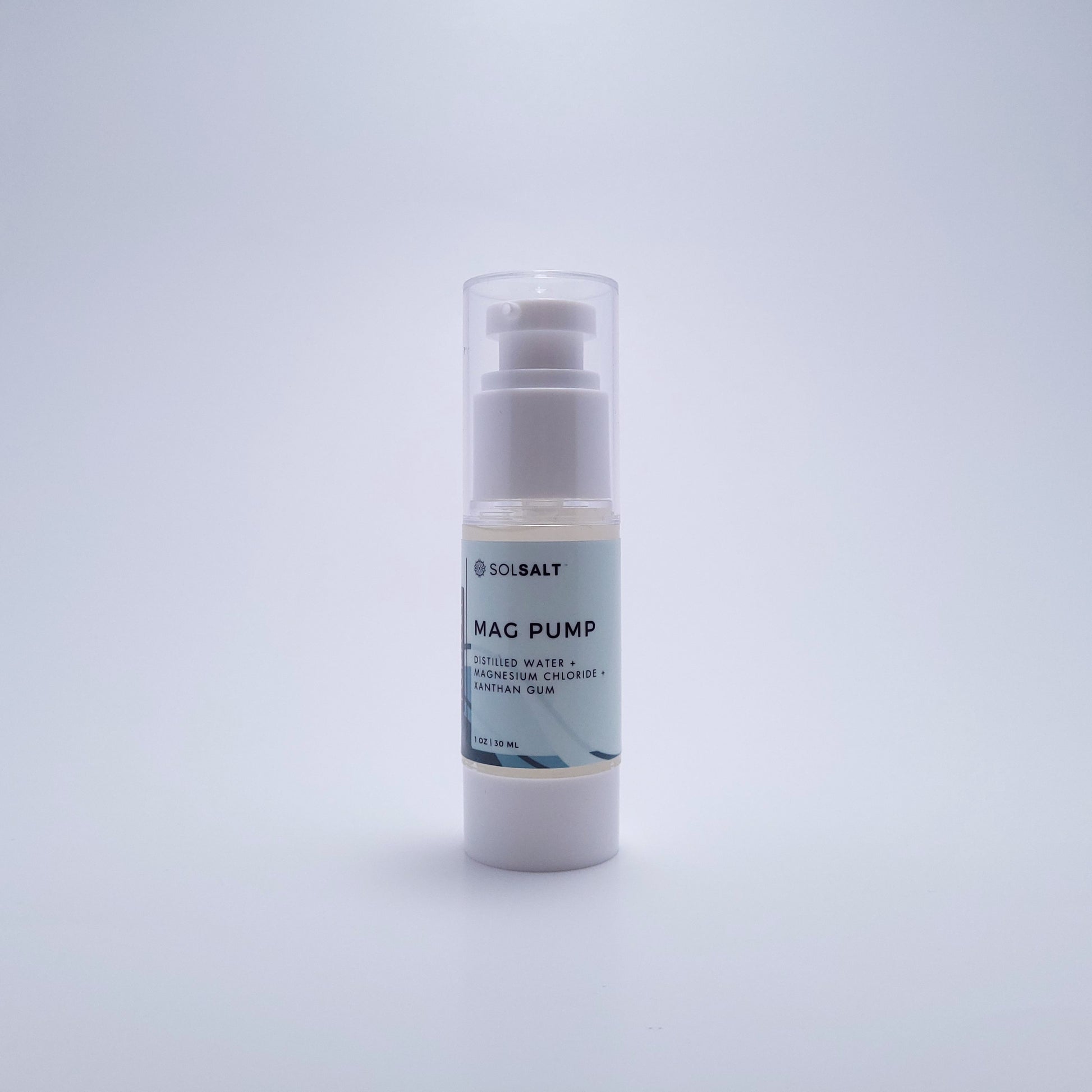 30 mL pump bottle labeled "SOL SALT" in front of a light gray background. Easy-pump magnesium gel for targeted relief. Non-greasy, fast-acting.
