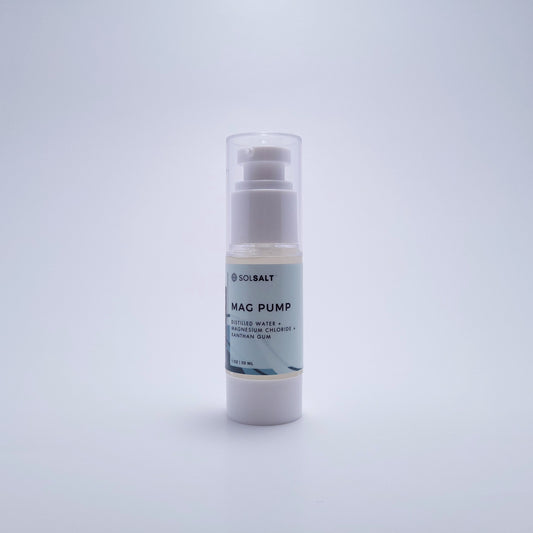 30 mL pump bottle labeled "SOL SALT" in front of a light gray background. Easy-pump magnesium gel for targeted relief. Non-greasy, fast-acting.