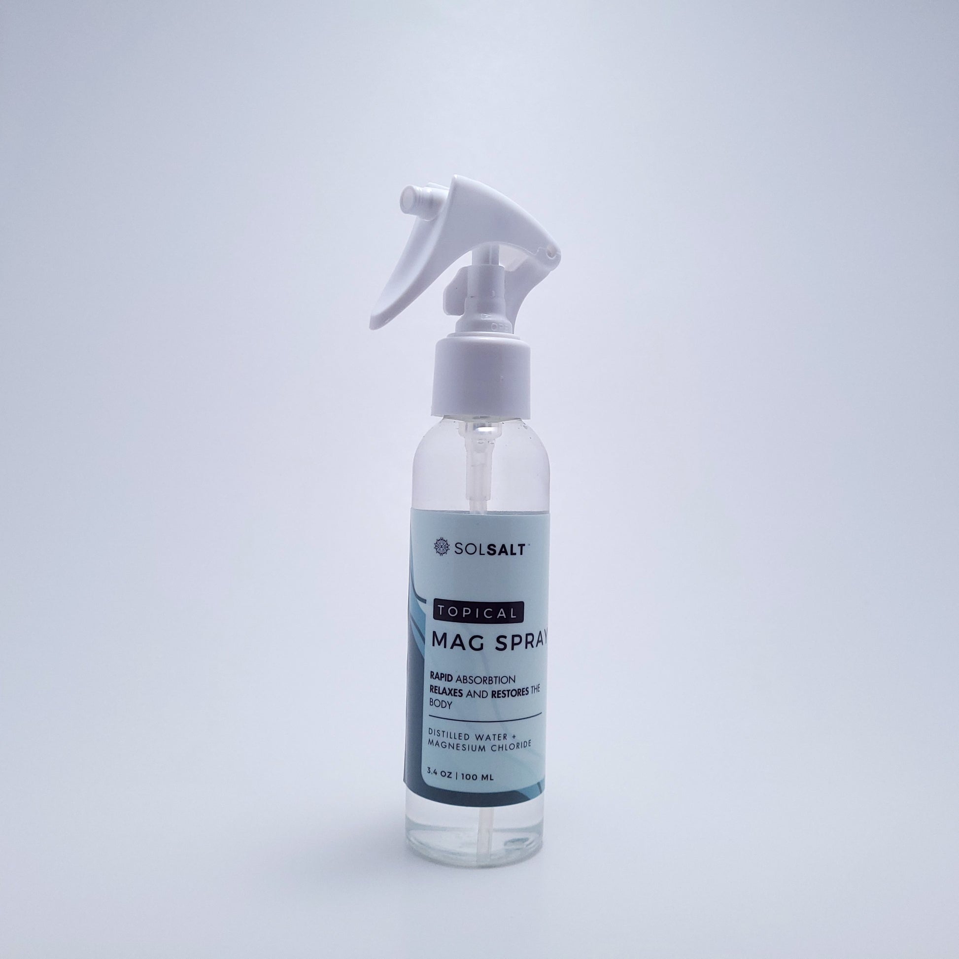 100mL Spray bottle labeled 'SOL SALT' on a light gray background. Rapid Absorption. Relaxes and Restores the body.