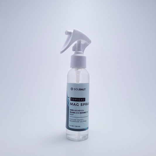 100mL Spray bottle labeled 'SOL SALT' on a light gray background. Rapid Absorption. Relaxes and Restores the body.