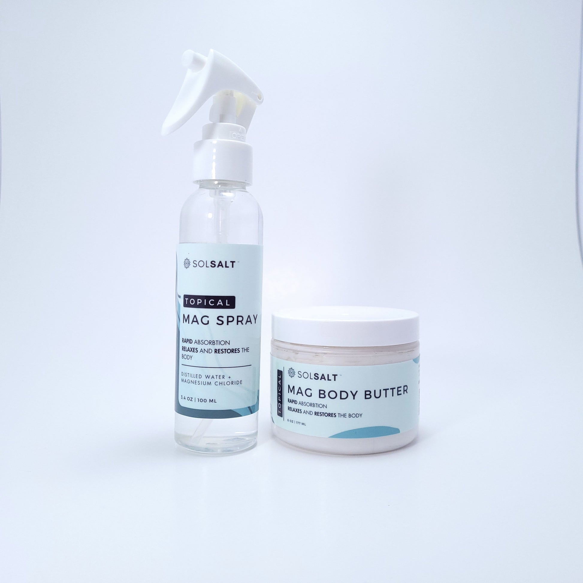 "SOL SALT" body butter and spray in front of a light gray background.
Complete hydration & relief set with magnesium oil body butter and spray. Perfect pairing for skin & muscles.