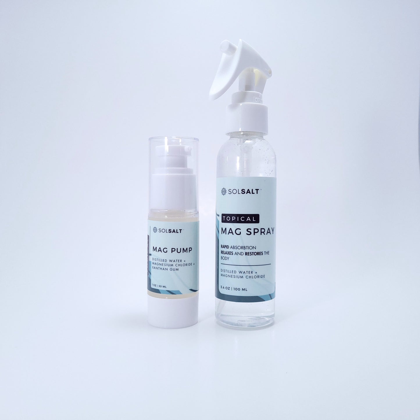 "SOL SALT" gel and spray in front of a light gray background. Targeted magnesium relief duo with gel pump and spray. Fast-acting muscle recovery. 