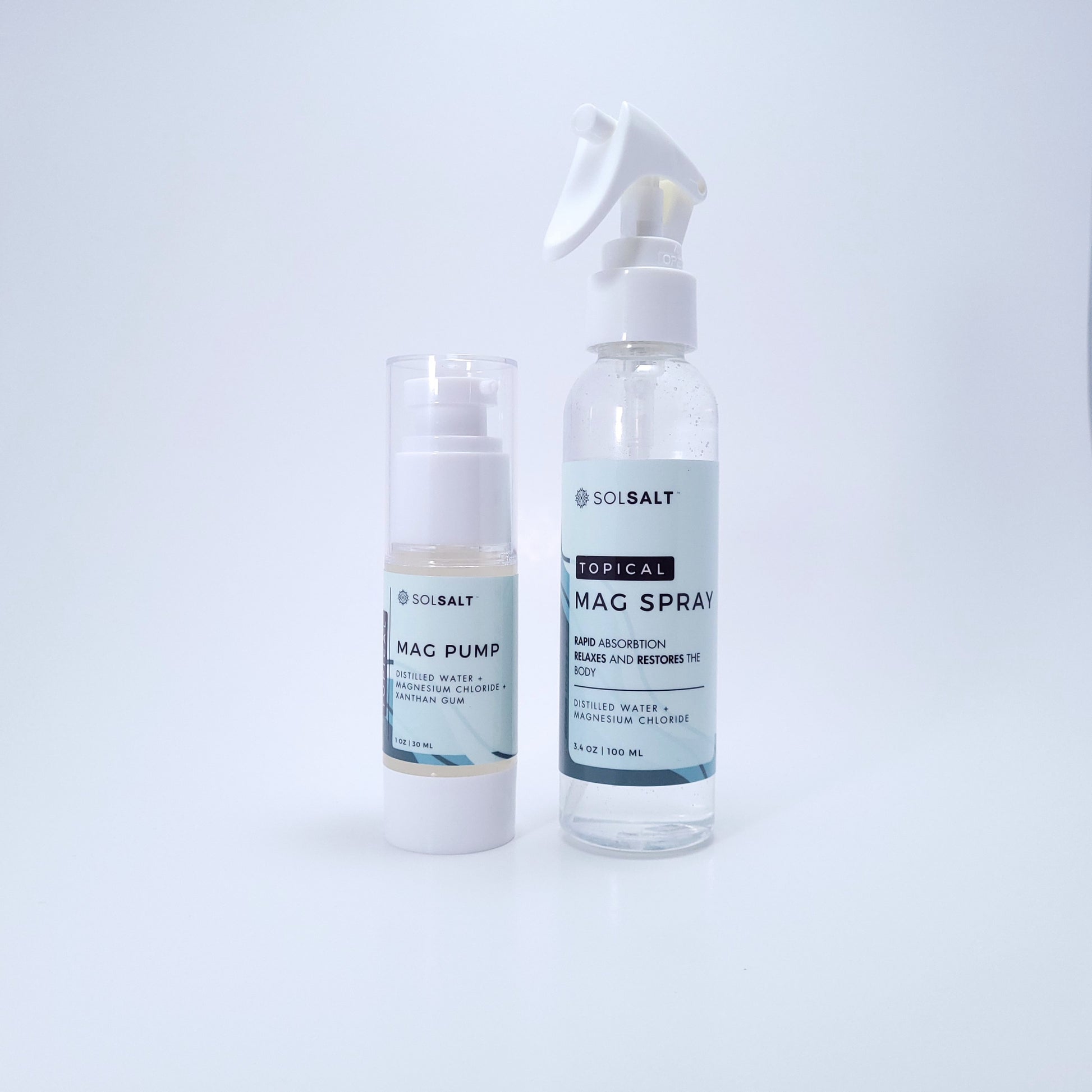 "SOL SALT" gel and spray in front of a light gray background. Targeted magnesium relief duo with gel pump and spray. Fast-acting muscle recovery. 