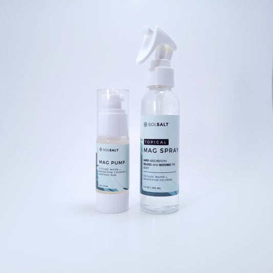 "SOL SALT" gel and spray in front of a light gray background. Targeted magnesium relief duo with gel pump and spray. Fast-acting muscle recovery. 